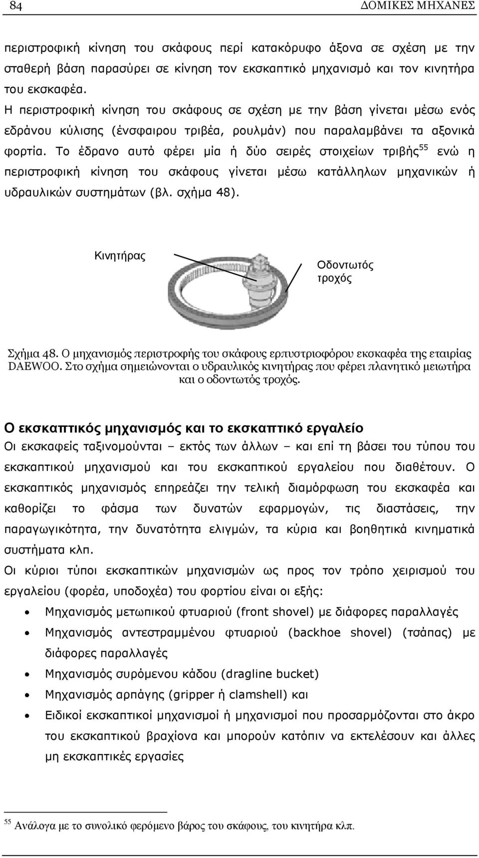 Το έδρανο αυτό φέρει μία ή δύο σειρές στοιχείων τριβής 55 ενώ η περιστροφική κίνηση του σκάφους γίνεται μέσω κατάλληλων μηχανικών ή υδραυλικών συστημάτων (βλ. σχήμα 48).