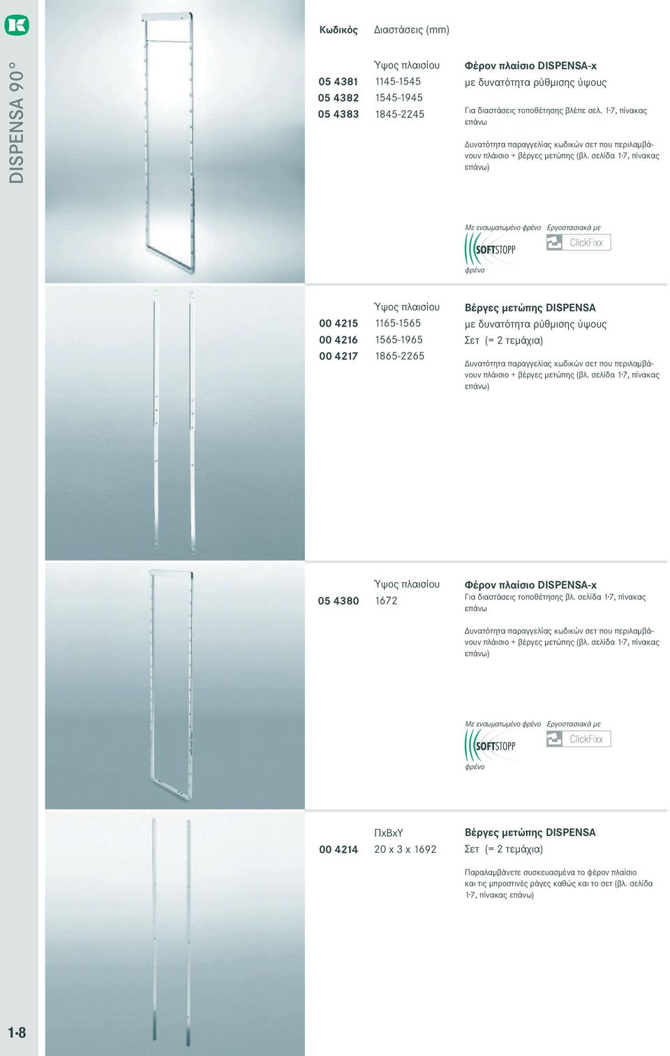 σελίδα 1 7, πίνακας επάνω) Με ενσωματωμένο φρένο Εργοστασιακά με φρένο 00 4215 00 4216 00 4217 Ύψος πλαισίου 1165-1565 1565-1965 1865-2265 Βέργες μετώπης DISPENSA με δυνατότητα ρύθμισης ύψους Σετ (=
