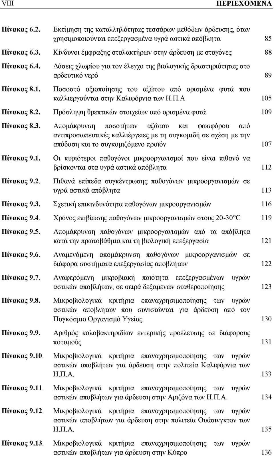 Δόσεις χλωρίου για τον έλεγχο της βιολογικής δραστηριότητας στο αρδευτικό νερό 89 Ποσοστό αξιοποίησης του αζώτου από ορισμένα φυτά που καλλιεργούνται στην Καλιφόρνια των Η.Π.Α 105 Πίνακας 8.2.