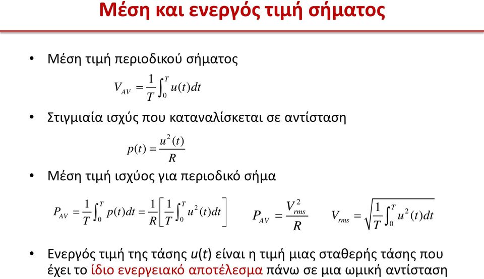 1 T 2 PAV p() t dt () t dt T 0 R T 0 P AV V 2 rms R 1 T T 2 Vrms () t dt 0 Ενεργός τιμή της