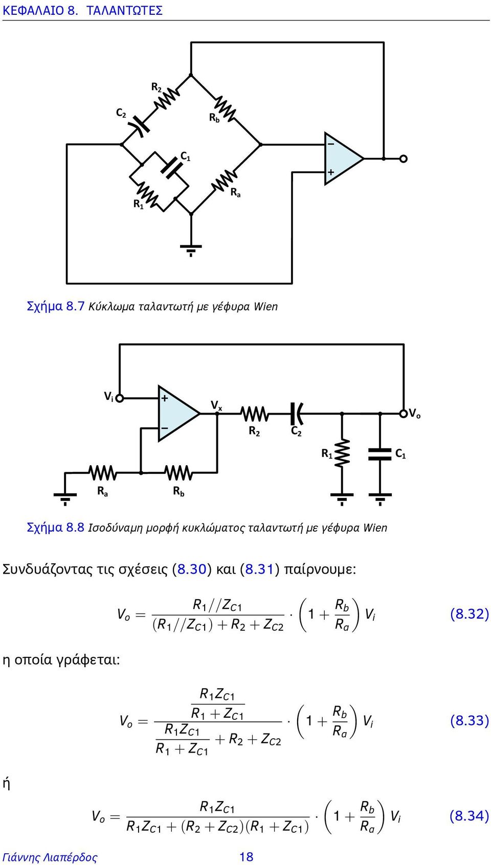 8 Ισοδύναμη μορφή κυκλώματος ταλαντωτή με γέφυρα Wien Συνδυάζοντας τις σχέσεις (8.30) και (8.