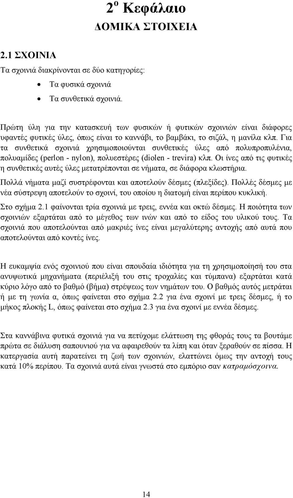 Για τα συνθετικά σχοινιά χρησιµοποιούνται συνθετικές ύλες από πολυπροπυλένια, πολυαµίδες (perlon - nylon), πολυεστέρες (diolen - trevira) κλπ.