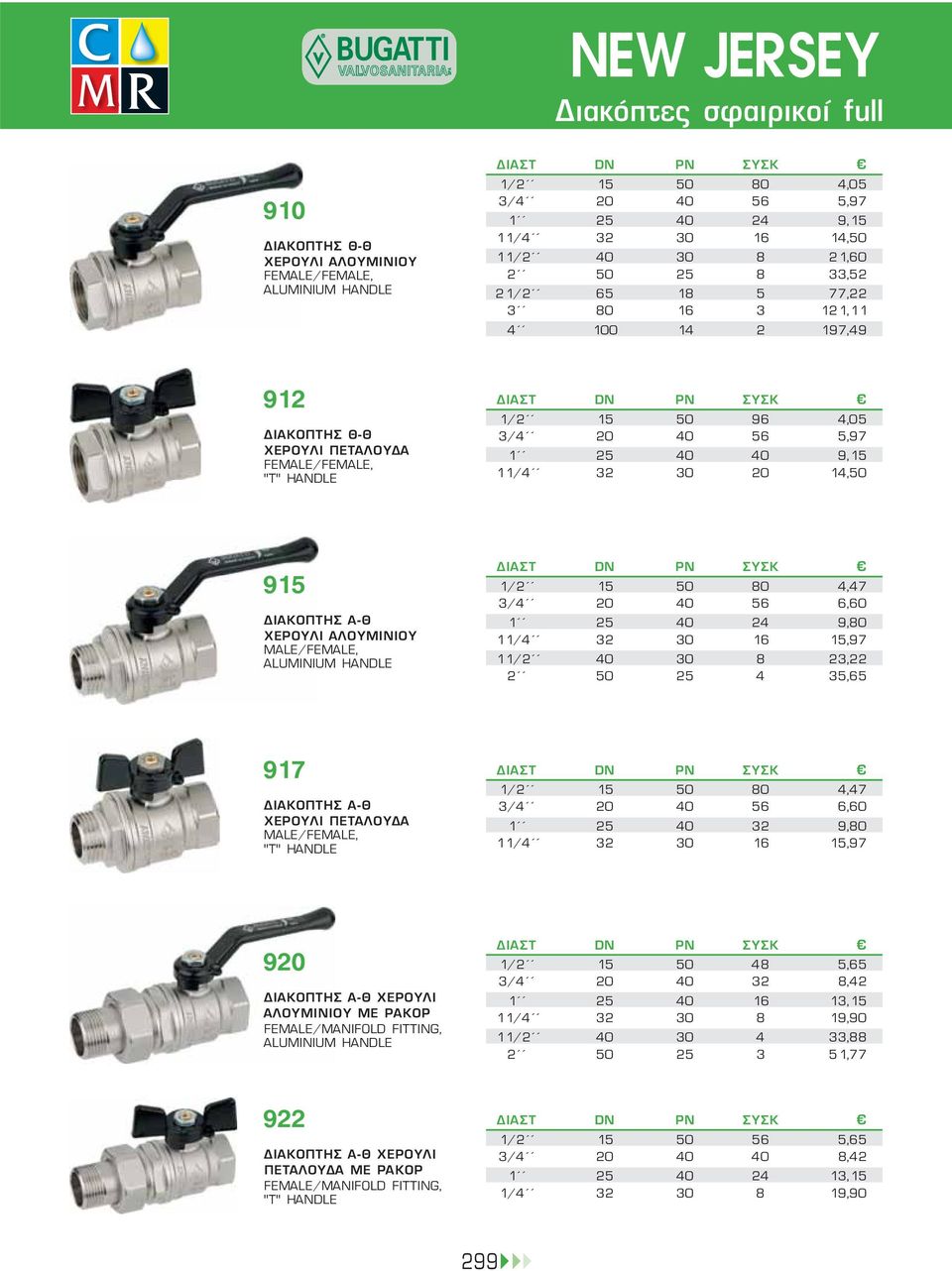 5,97 1 25 40 40 9,15 11/4 32 30 20 14,50 915 ΔΙΑΚΟΠΤΗΣ Α-Θ ΧΕΡΟΥΛΙ ΑΛΟΥΜΙΝΙΟΥ MALE/FEMALE, ALUMINIUM HANDLE ΔΙΑΣΤ DN PN ΣΥΣΚ 1/2 15 50 80 4,47 3/4 20 40 56 6,60 1 25 40 24 9,80 11/4 32 30 16 15,97