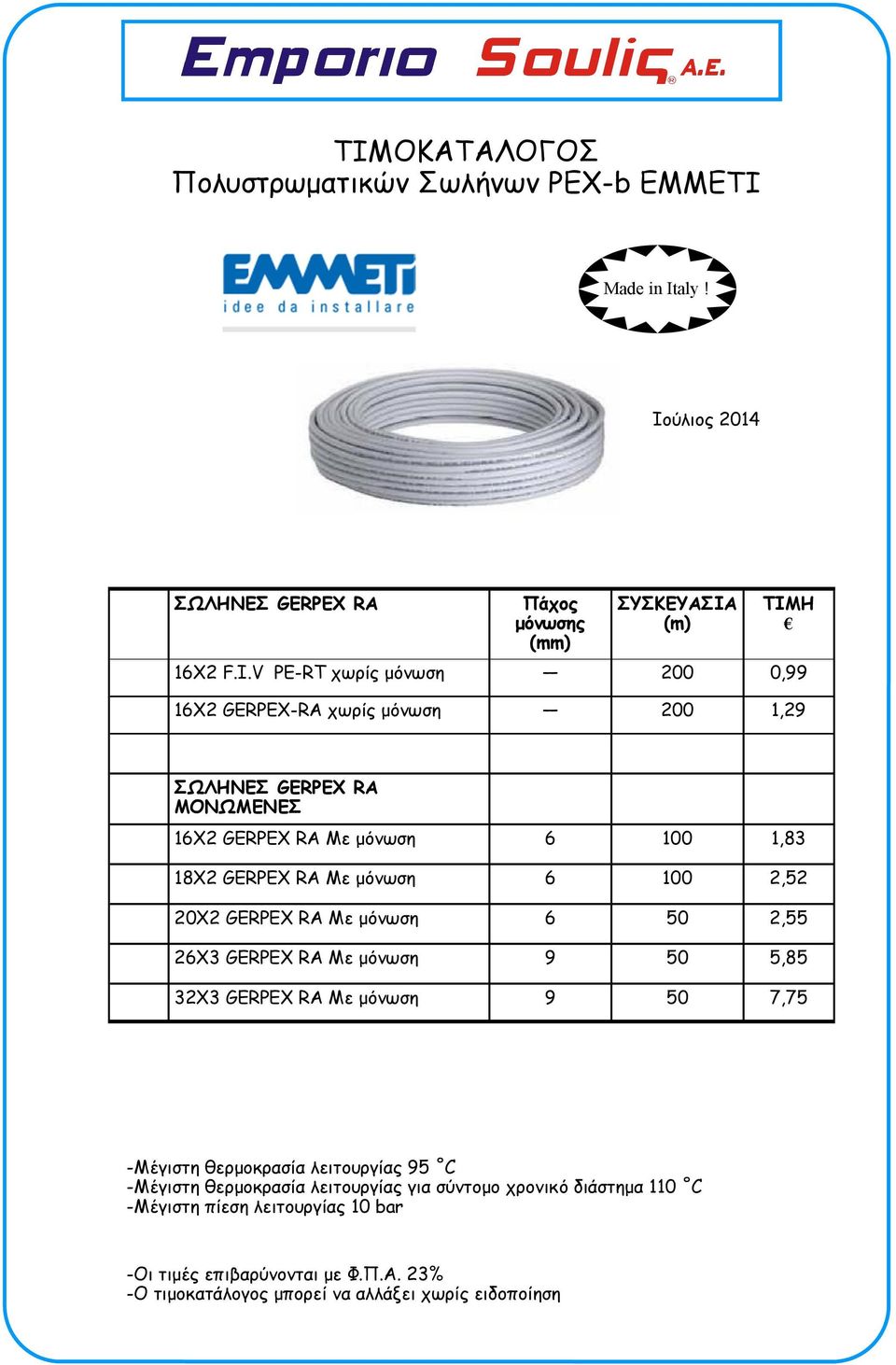 aly! Ιούλιος 2014 ΣΩΛΗΝΕΣ GERPEX RA Πάχος μόνωσης (mm) ΣΥΣΚΕΥΑΣΙΑ (m) ΤΙΜΗ 16Χ2 F.I.