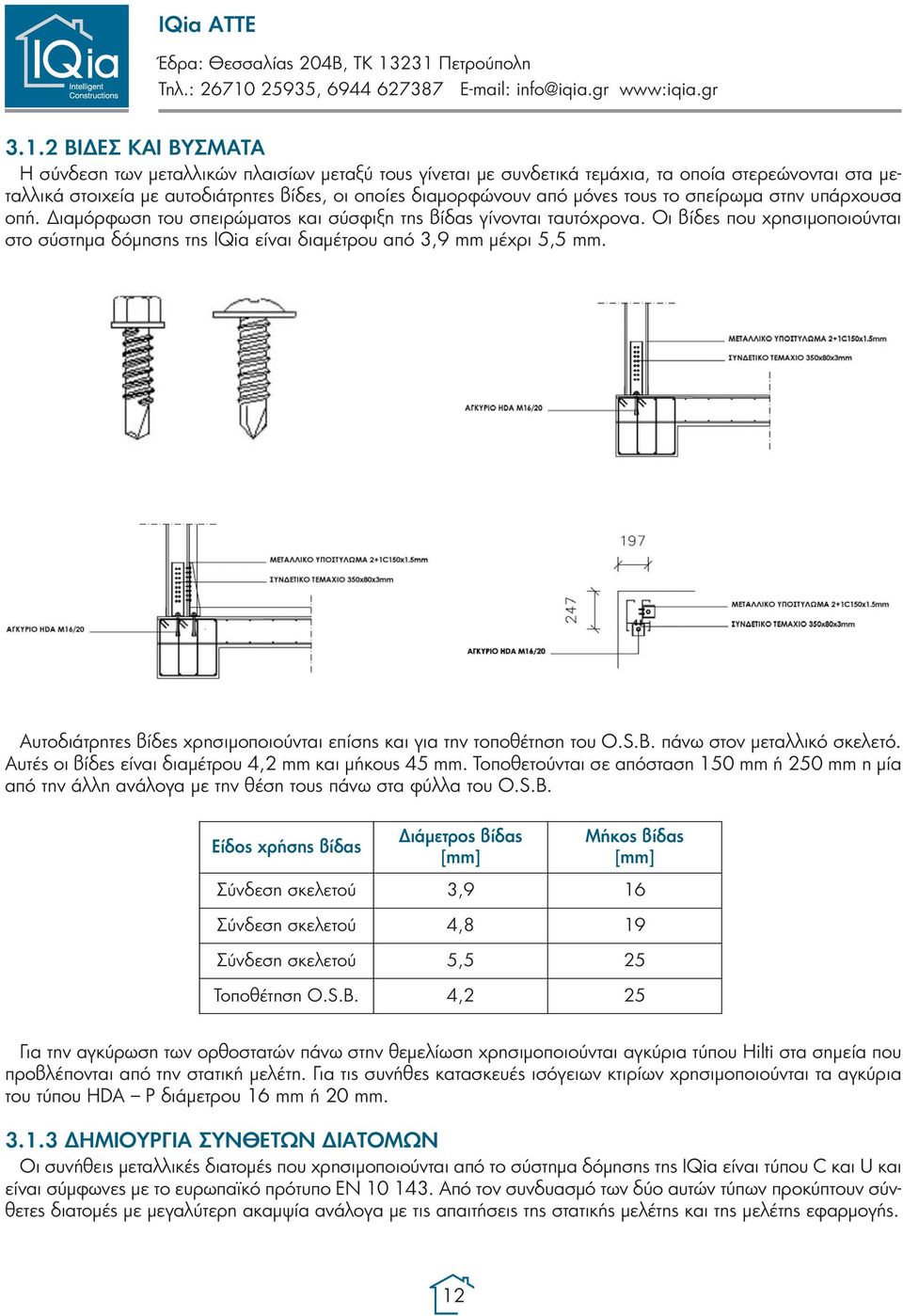 Οι βίδες που χρησιμοποιούνται στο σύστημα δόμησης της IQia είναι διαμέτρου από 3,9 mm μέχρι 5,5 mm. Αυτοδιάτρητες βίδες χρησιμοποιούνται επίσης και για την τοποθέτηση του O.S.B.