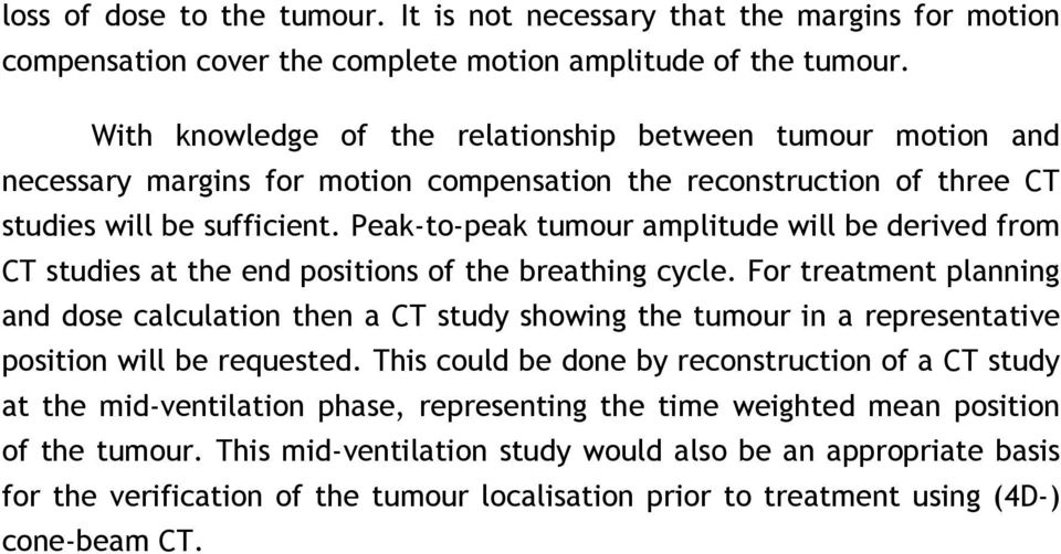 Peak-to-peak tumour amplitude will be derived from CT studies at the end positions of the breathing cycle.