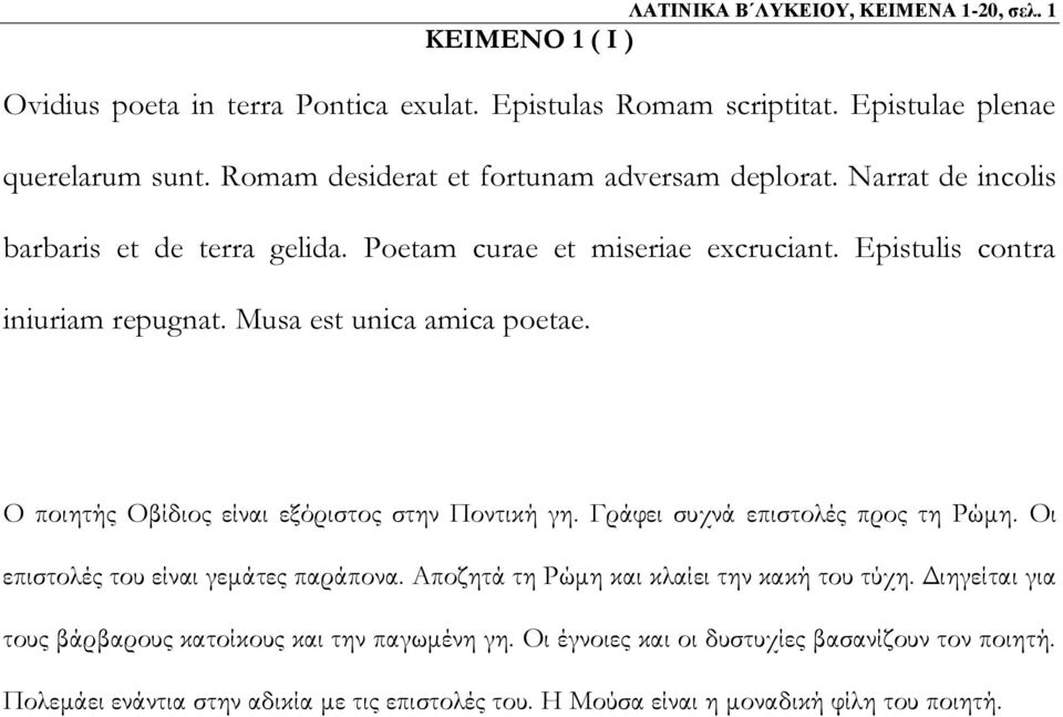 Musa est unica amica poetae. Ο ποιητής Οβίδιος είναι εξόριστος στην Ποντική γη. Γράφει συχνά επιστολές προς τη Ρώμη. Οι επιστολές του είναι γεμάτες παράπονα.