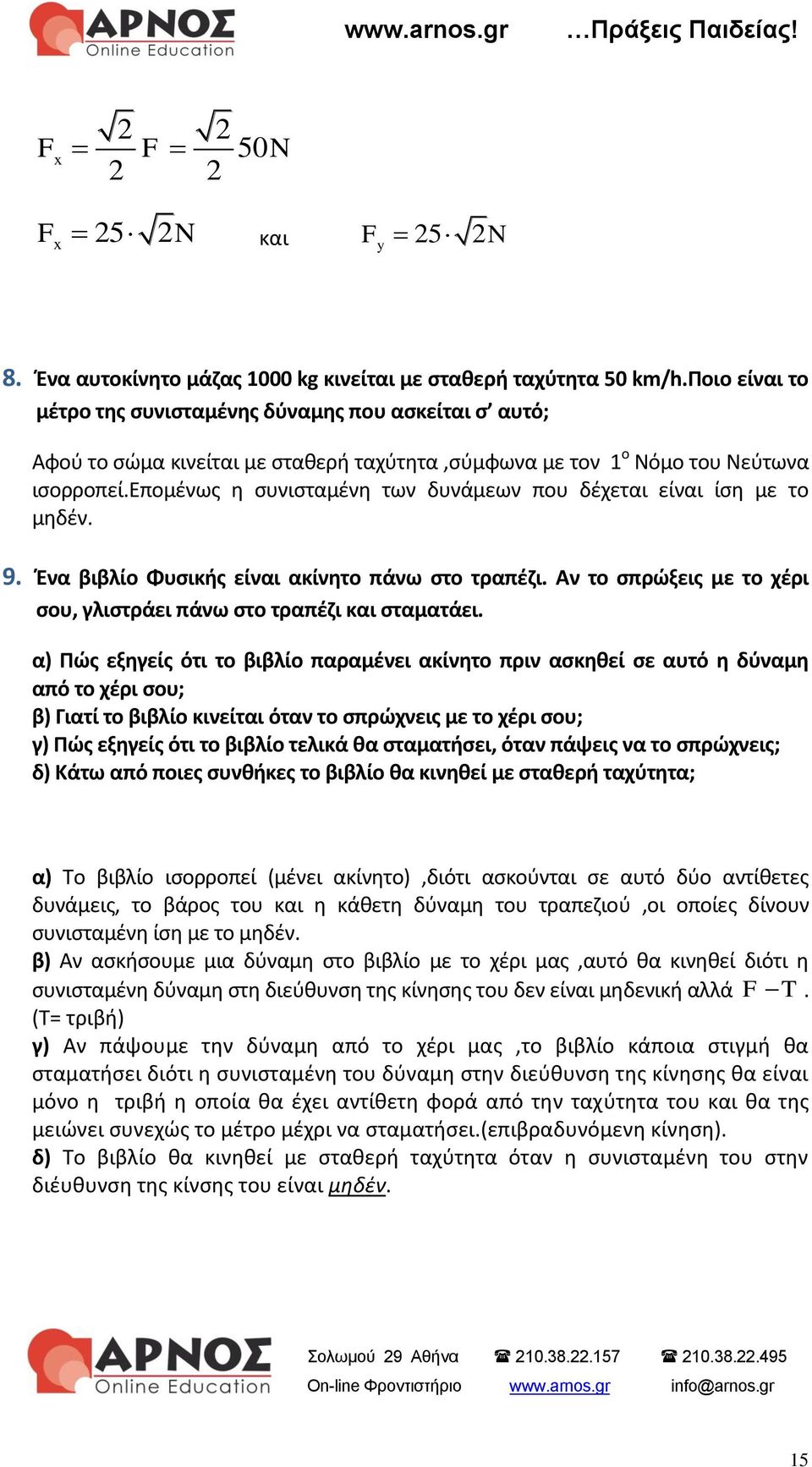 επομένως η συνισταμένη των δυνάμεων που δέχεται είναι ίση με το μηδέν. 9. Ένα βιβλίο Φυσικής είναι ακίνητο πάνω στο τραπέζι. Αν το σπρώξεις με το χέρι σου, γλιστράει πάνω στο τραπέζι και σταματάει.