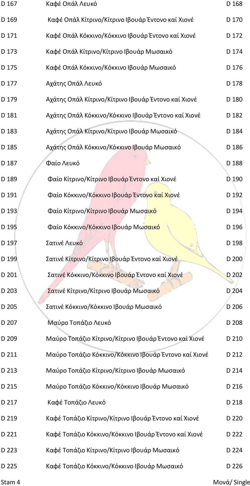 Έντονο καί Χιονέ D 182 D 183 Αχάτης Οπάλ Κίτρινο/Κίτρινο Ιβουάρ Μωσαικό D 184 D 185 Αχάτης Οπάλ Κόκκινο/Κόκκινο Ιβουάρ Μωσαικό D 186 D 187 Φαίο Λευκό D 188 D 189 Φαίο Κίτρινο/Κίτρινο Ιβουάρ Έντονο