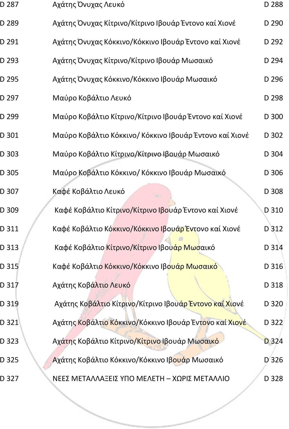 Κόκκινο/ Κόκκινο Ιβουάρ Έντονο καί Χιονέ D 302 D 303 Μαύρο Κοβάλτιο Κίτρινο/Κίτρινο Ιβουάρ Μωσαικό D 304 D 305 Μαύρο Κοβάλτιο Κόκκινο/ Κόκκινο Ιβουάρ Μωσαικό D 306 D 307 Καφέ Κοβάλτιο Λευκό D 308 D