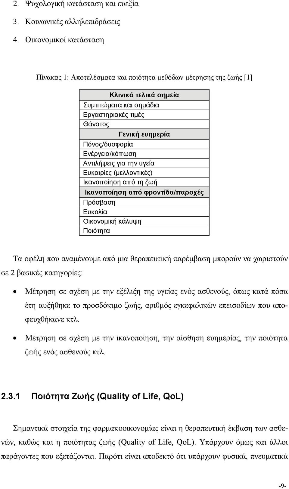 Ενέργεια/κόπωση Αντιλήψεις για την υγεία Ευκαιρίες (μελλοντικές) Ικανοποίηση από τη ζωή Ικανοποίηση από φροντίδα/παροχές Πρόσβαση Ευκολία Οικονομική κάλυψη Ποιότητα Τα οφέλη που αναμένουμε από μια