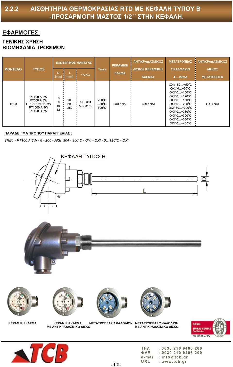 20mA ΑΝΤΙΚΡΑΔΑΣΜΙΚΟΣ ΔΙΣΚΟΣ ΜΕΤΑΤΡΟΠΕΑ TRB1 PT A 3W PT500 A 3W PT 1/3DIN 3W PT0 A 3W PT Β 3W 6 8 10 12 250 AISI 304 AISI 316L o C 350 o C 600 o C ΟΧΙ / ΝΑΙ ΟΧΙ / ΝΑΙ OXI/ -50 +50 ο C