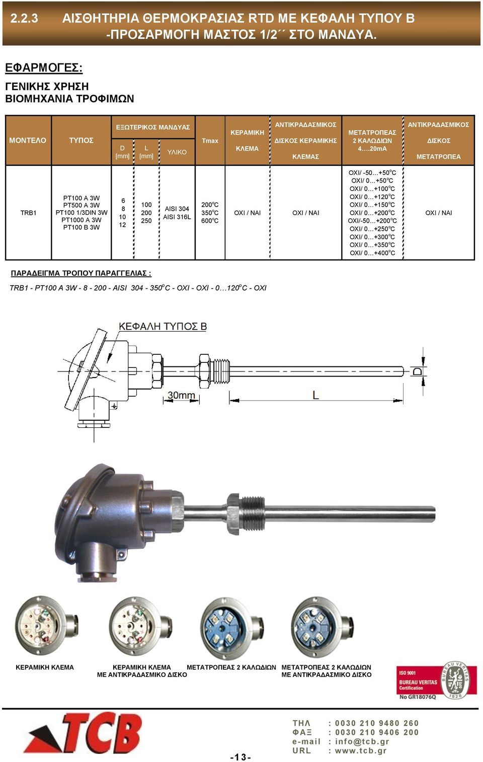 20mA ΑΝΤΙΚΡΑΔΑΣΜΙΚΟΣ ΔΙΣΚΟΣ ΜΕΤΑΤΡΟΠΕΑ TRB1 PT A 3W PT500 A 3W PT 1/3DIN 3W PT0 A 3W PT Β 3W 6 8 10 12 250 AISI 304 AISI 316L o C 350 o C 600 o C ΟΧΙ / ΝΑΙ ΟΧΙ / ΝΑΙ OXI/ -50 +50 ο C