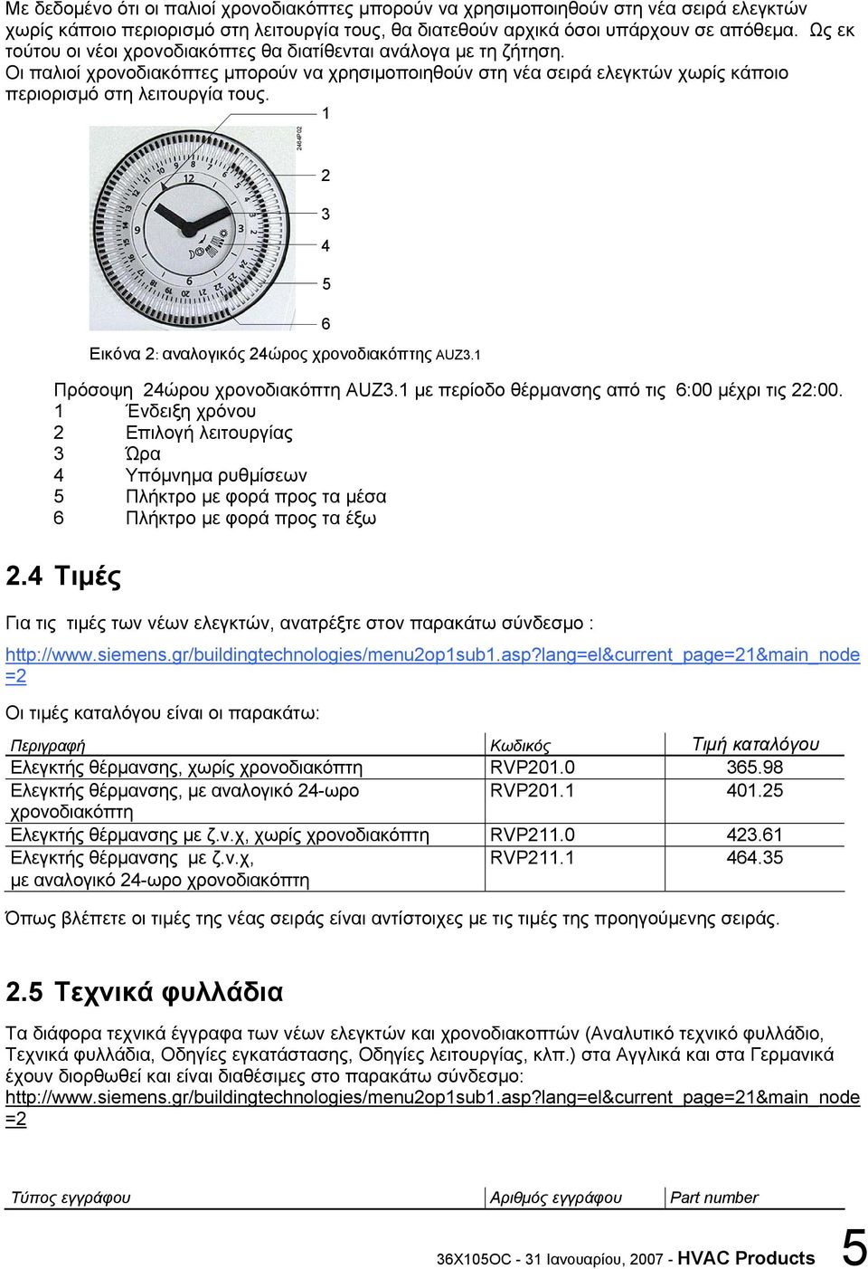 1 2464P02 6 Εικόνα 2: αναλογικός 24ώρος χρονοδιακόπτης AUZ3.1 2 3 4 5 Πρόσοψη 24ώρου χρονοδιακόπτη AUZ3.1 με περίοδο θέρμανσης από τις 6:00 μέχρι τις 22:00.