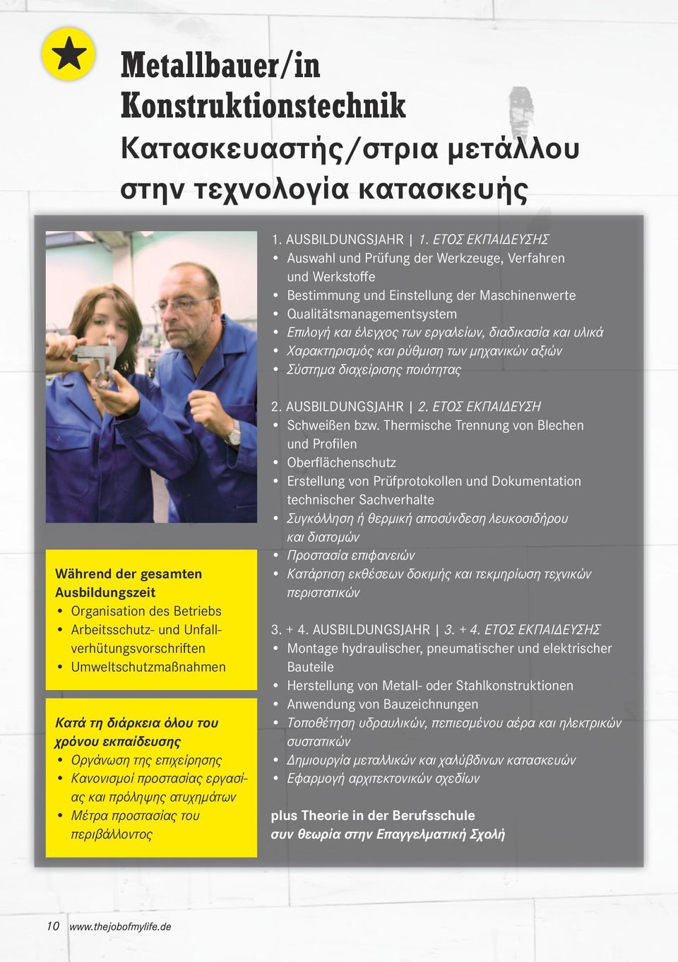 υλικά Χαρακτηρισμός και ρύθμιση των μηχανικών αξιών Σύστημα διαχείρισης ποιότητας Während der gesamten Ausbildungszeit Organisation des Betriebs Arbeitsschutz- und Unfallverhütungsvorschriften