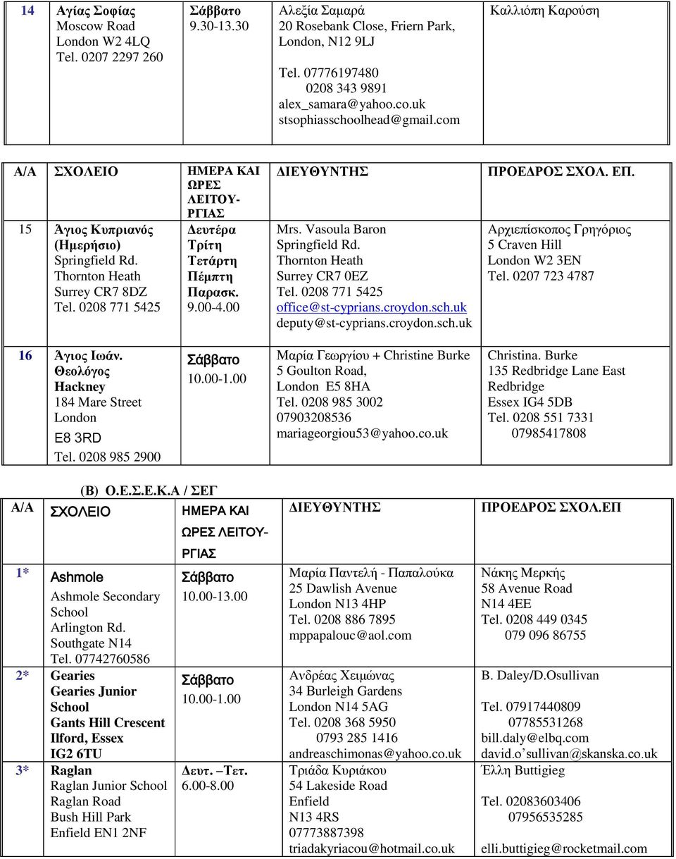 Thornton Heath Surrey CR7 0EZ Tel. 0208 771 5425 office@st-cyprians.croydon.sch.uk deputy@st-cyprians.croydon.sch.uk ΠΡΟΕΔΡΟΣ ΣΧΟΛ. ΕΠ. Aρχιεπίσκοπος Γρηγόριος 5 Craven Hill London W2 3EN Tel.