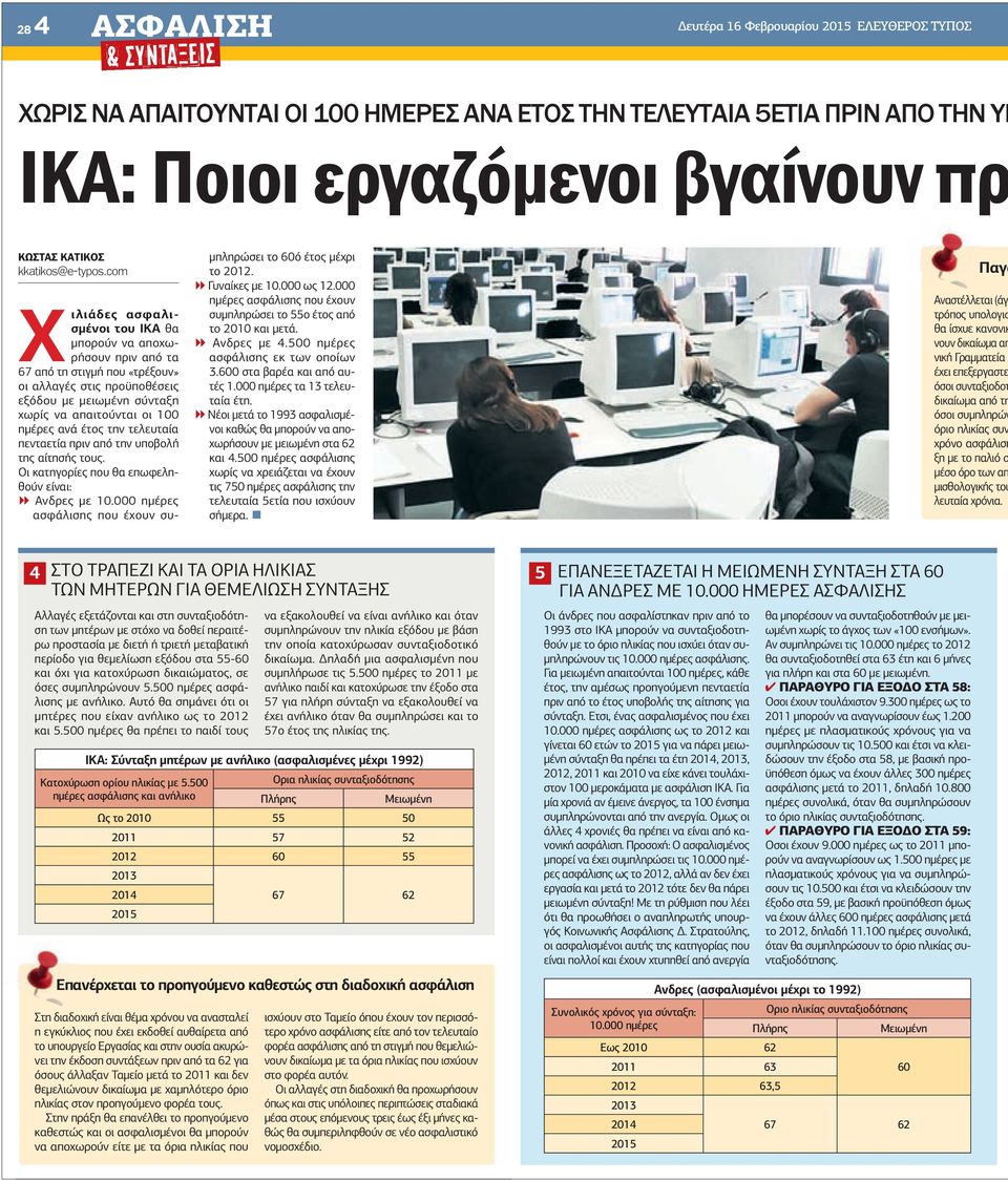 έτος την τελευταία πενταετία πριν από την υποβολή της αίτησής τους. Οι κατηγορίες που θα επωφεληθούν είναι: Ανδρες µε 10.000 ηµέρες ασφάλισης που έχουν συ- µπληρώσει το 60ό έτος µέχρι το 2012.