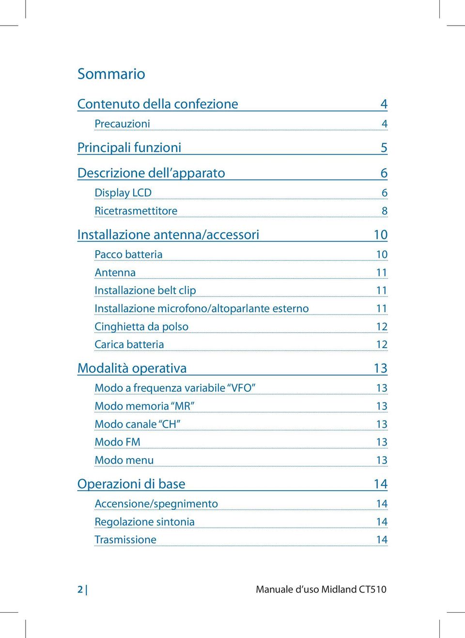 11 Cinghietta da polso 12 Carica batteria 12 Modalità operativa 13 Modo a frequenza variabile VFO 13 Modo memoria MR 13 Modo canale CH 13