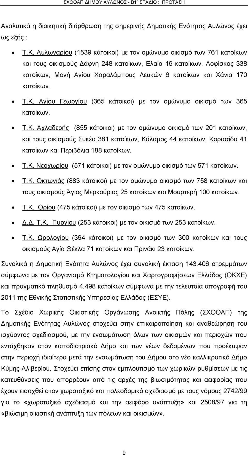 170 κατοίκων. Τ.Κ. Αγίου Γεωργίου (365 κάτοικοι) με τον ομώνυμο οικισμό των 365 κατοίκων. Τ.Κ. Αχλαδερής (855 κάτοικοι) με τον ομώνυμο οικισμό των 201 κατοίκων, και τους οικισμούς Συκέα 381 κατοίκων, Κάλαμος 44 κατοίκων, Κορασίδα 41 κατοίκων και Περιβόλια 188 κατοίκων.