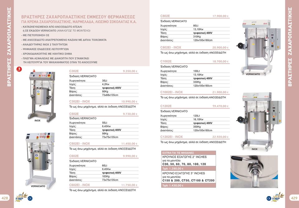 ΔΙΑΚΟΠΤΗ ΠΟΥ ΣΤΑΜΑΤΑΕΙ ΤΗ ΛΕΙΤΟΥΡΓΙΑ ΤΟΥ ΜΗΧΑΝΗΜΑΤΟΣ ΟΤΑΝ ΤΟ ΑΝΟΙΞΟΥΜΕ C302Ε 9.350,00 30Lt 4,2Kw 90Kg 73x68x135cm C802E 17.900,00 80Lt 13,10Kw 310Kg 120x100x180cm C802EI - INOX 20.900,00 C1002E 18.