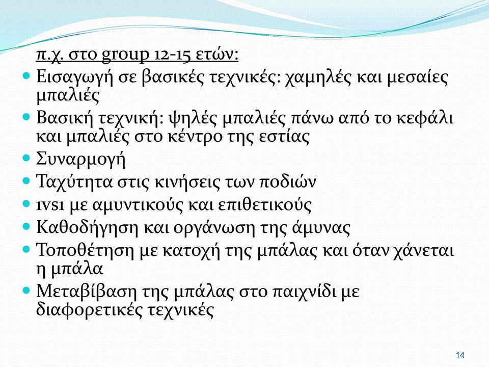 των ποδιών 1vs1 με αμυντικούς και επιθετικούς Καθοδήγηση και οργάνωση της άμυνας Τοποθέτηση με