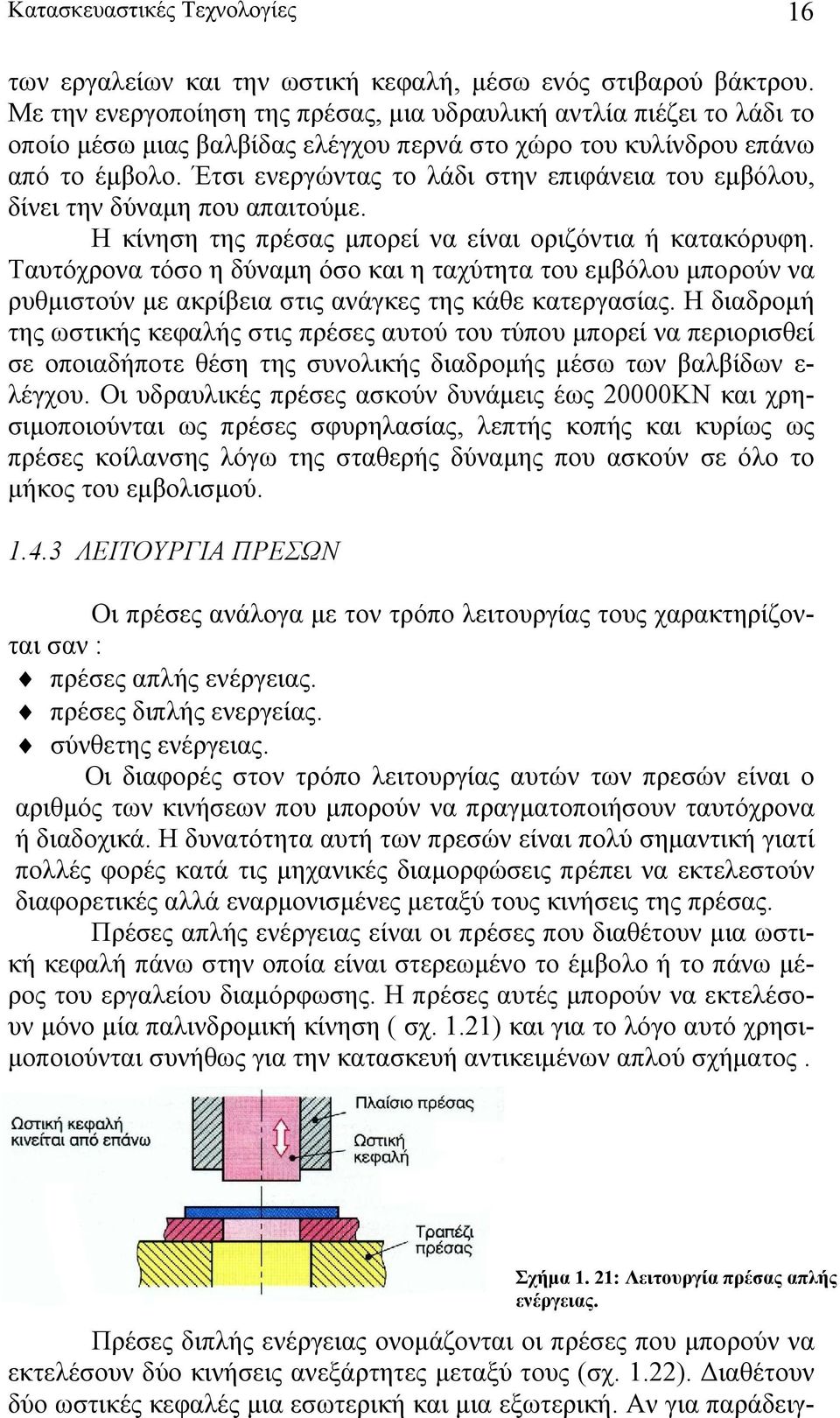 Έτσι ενεργώντας το λάδι στην επιφάνεια του εμβόλου, δίνει την δύναμη που απαιτούμε. Η κίνηση της πρέσας μπορεί να είναι οριζόντια ή κατακόρυφη.