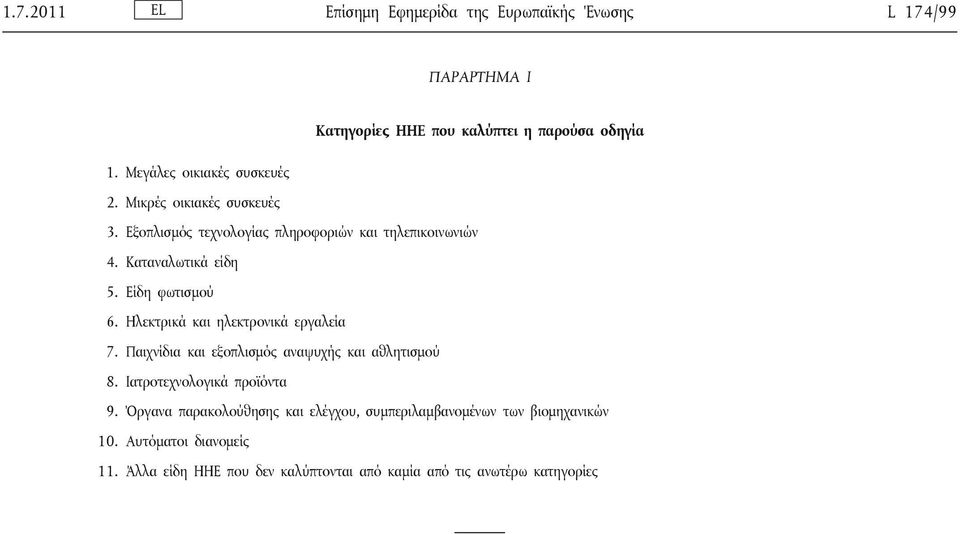 Είδη φωτισμού 6. Ηλεκτρικά και ηλεκτρονικά εργαλεία 7. Παιχνίδια και εξοπλισμός αναψυχής και αθλητισμού 8. Ιατροτεχνολογικά προϊόντα 9.