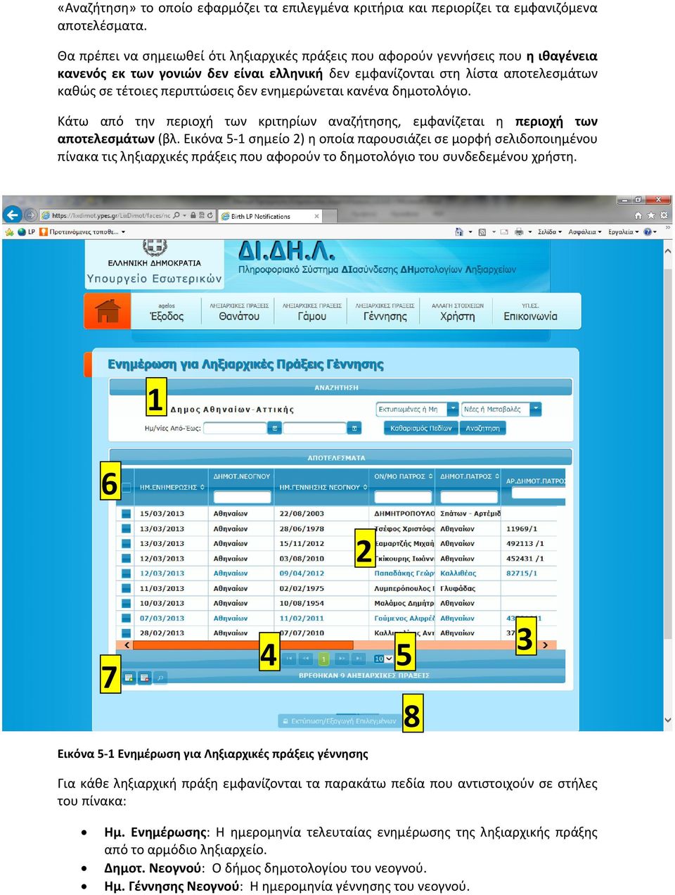 ενημερώνεται κανένα δημοτολόγιο. Κάτω από την περιοχή των κριτηρίων αναζήτησης, εμφανίζεται η περιοχή των αποτελεσμάτων (βλ.