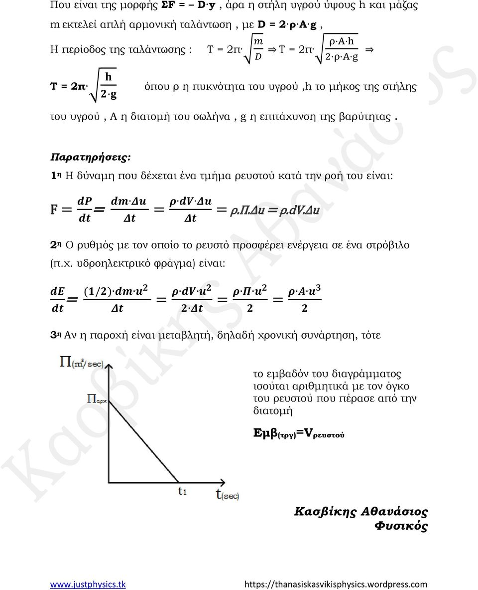 Παρατηρήσεις: η Η δύναμη που δέχεται ένα τμήμα ρευστού κατά την ροή του είναι: F = dp = dm Δu dt Δt = ρ dv Δu Δt = ρ.π.δu = ρ.dv.δu 2 η Ο ρυθμός με τον οποίο το ρευστό προσφέρει ενέργεια σε ένα στρόβιλο (π.