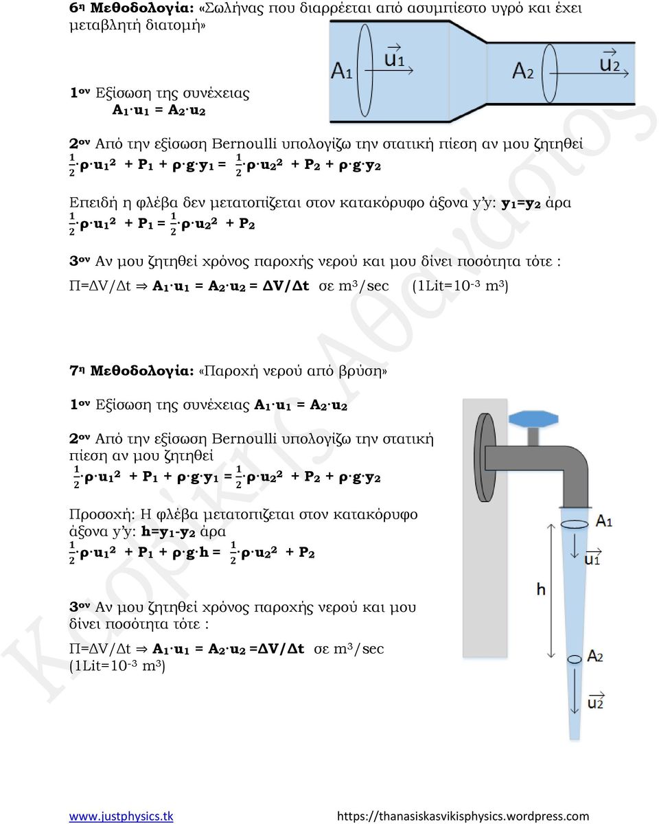 ποσότητα τότε : Π=ΔV/Δt A u = A2 u2 = ΔV/Δt σε m 3 /sec (Lit=0-3 m 3 ) 7 η Μεθοδολογία: «Παροχή νερού από βρύση» ον Εξίσωση της συνέχειας A u = A2 u2 2 ον Από την εξίσωση Bernoulli υπολογίζω την