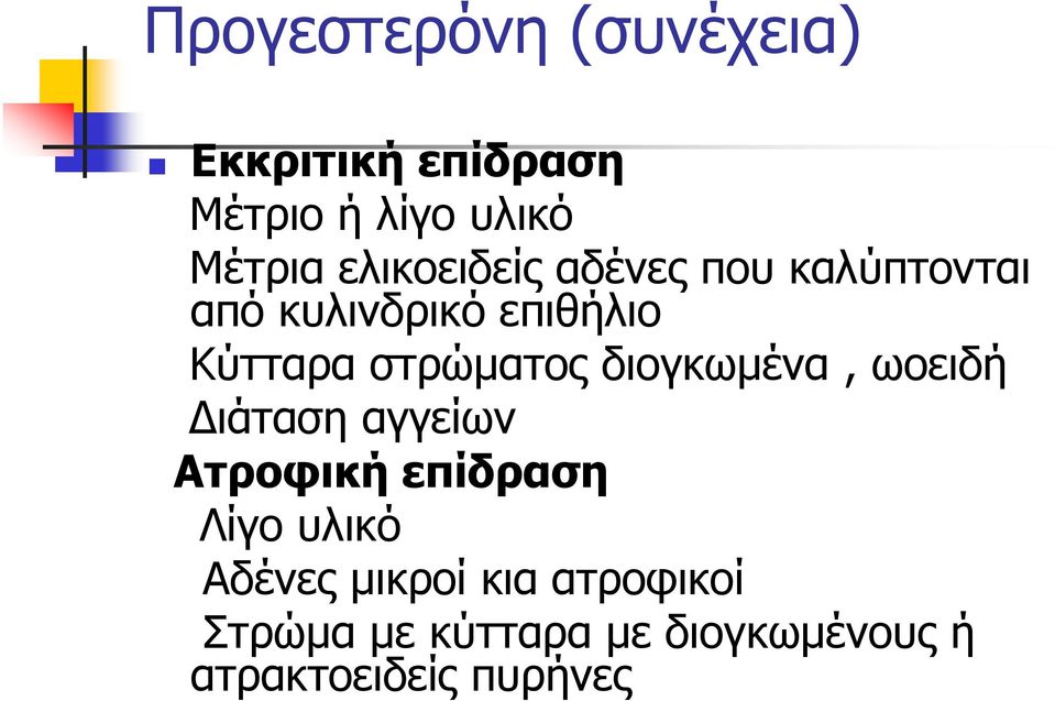 στρώματος διογκωμένα, ωοειδή Διάταση αγγείων Ατροφική επίδραση Λίγο υλικό