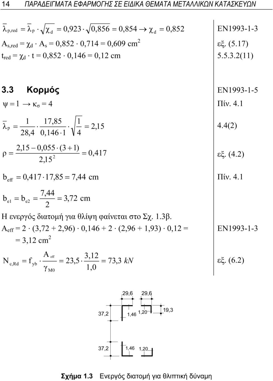 () 8, 0,6,5 0,055 (3 + ) ρ = = 0, 7,5 εξ. (.) b eff = 0,7 7,85 = 7, cm Πίν.. 7, be = be = = 3,7 cm Η ενεργός διατομή για θλίψη φαίνεται στο Σχ..3β.