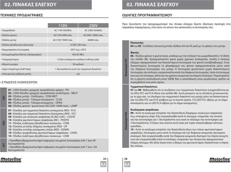 παρακάτω παραμέτρους, έτσι ώστε να γίνουν πιο κατανοητές οι λειτουργίες του: Έξοδος φανού AC110V 40W máx. AC230V 100W máx. Έξοδος μοτέρ AC110V 750W máx. 600W máx.