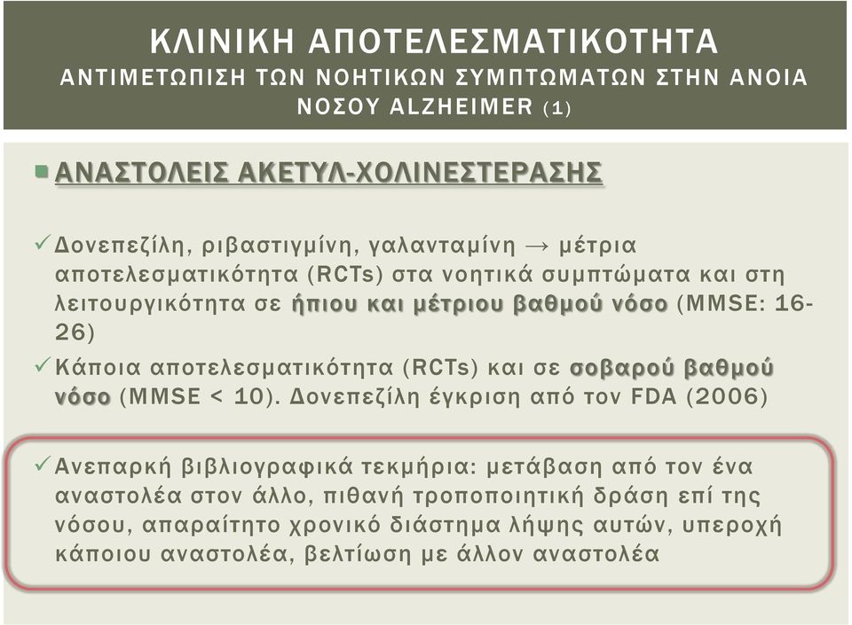 Κάποια αποτελεσματικότητα (RCTs) και σε σοβαρού βαθμού νόσο (MMSE < 10).