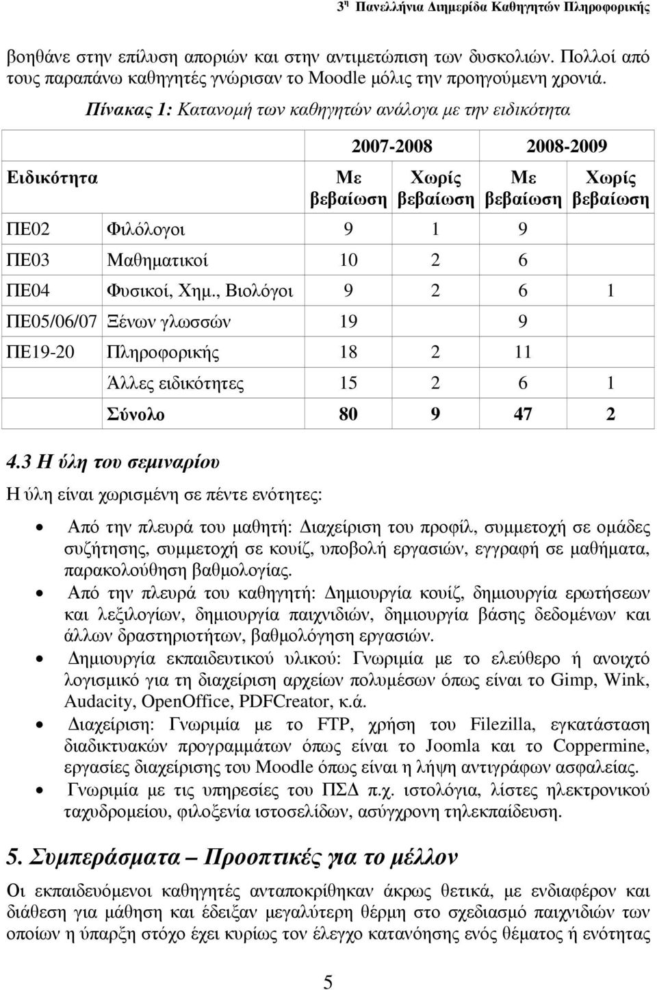 , Βιολόγοι 9 2 6 1 ΠΕ05/06/07 Ξένων γλωσσών 19 9 ΠΕ19-20 Πληροφορικής 18 2 11 Άλλες ειδικότητες 15 2 6 1 Σύνολο 80 9 47 2 4.