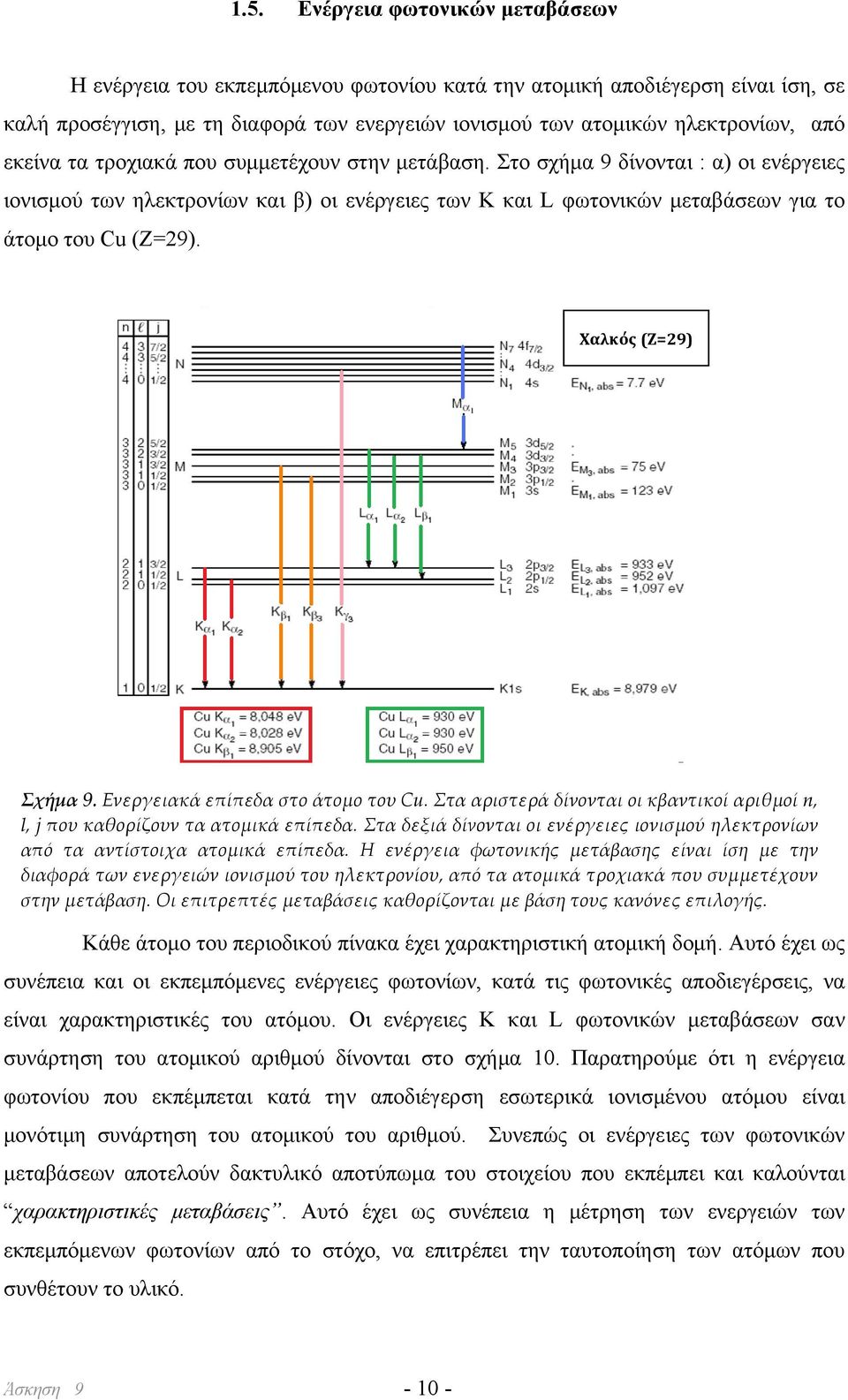 Χαλκός (Ζ=29) Σχήμα 9. Ενεργειακά επίπεδα στο άτομο του Cu. Στα αριστερά δίνονται οι κβαντικοί αριθμοί n, l, j που καθορίζουν τα ατομικά επίπεδα.