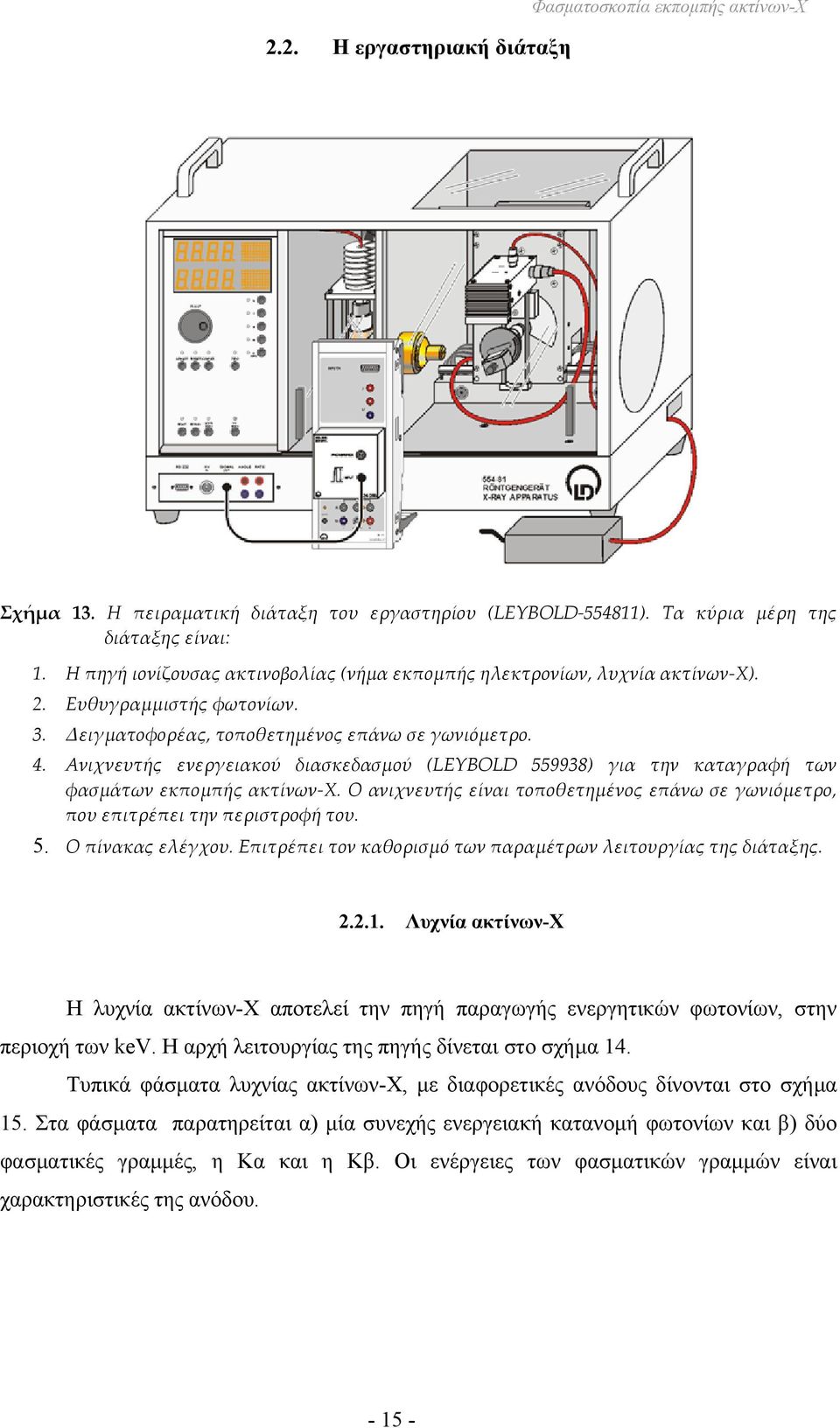 Ανιχνευτής ενεργειακού διασκεδασμού (LEYBOLD 559938) για την καταγραφή των φασμάτων εκπομπής ακτίνων-χ. Ο ανιχνευτής είναι τοποθετημένος επάνω σε γωνιόμετρο, που επιτρέπει την περιστροφή του. 5. Ο πίνακας ελέγχου.