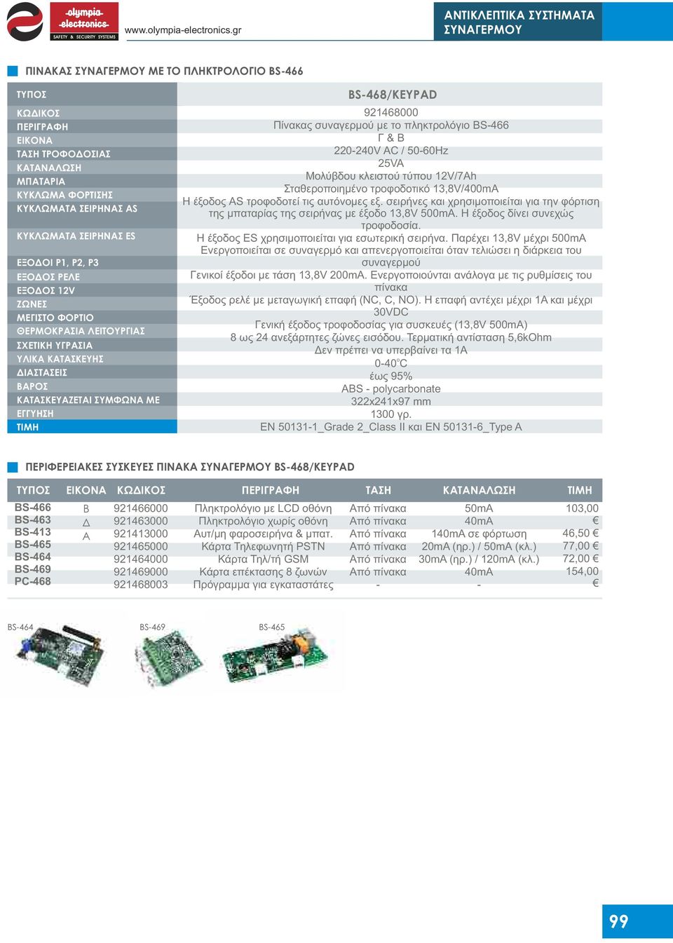 ΣΕΙΡΗΝΑΣ ΕS ΕΞΟΔΟΙ P1, P2, P3 ΕΞΟΔΟΣ ΡΕΛΕ ΕΞΟΔΟΣ 12V ΖΩΝΕΣ ΜΕΓΙΣΤΟ ΦΟΡΤΙΟ ΘΕΡΜΟΚΡΑΣΙΑ ΛΕΙΤΟΥΡΓΙΑΣ ΣΧΕΤΙΚΗ ΥΓΡΑΣΙΑ ΥΛΙΚΑ ΚΑΤΑΣΚΕΥΗΣ ΔΙΑΣΤΑΣΕΙΣ ΒΑΡΟΣ ΚΑΤΑΣΚΕΥΑΖΕΤΑΙ ΣΥΜΦΩΝΑ ΜΕ ΕΓΓΥΗΣΗ BS468/KEYPAD