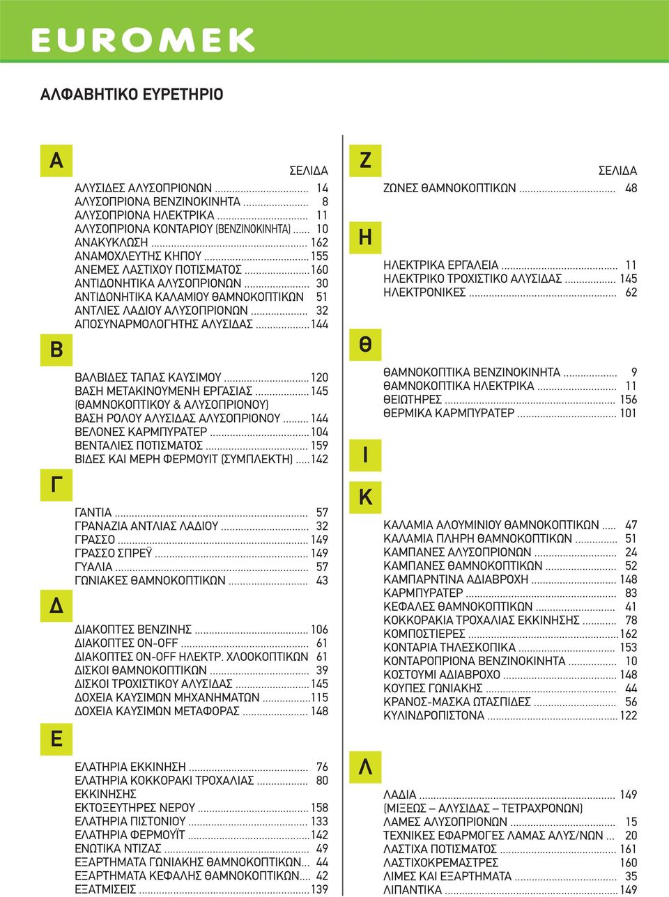 .. 144 ΒΑΛΒΙΔΕΣ ΤΑΠΑΣ ΚΑΥΣΙΜΟΥ... 120 ΒΑΣΗ ΜΕΤΑΚΙΝΟΥΜΕΝΗ ΕΡΓΑΣΙΑΣ... 145 (ΘΑΜΝΟΚΟΠΤΙΚΟΥ & ΑΛΥΣΟΠΡΙΟΝΟΥ) ΒΑΣΗ ΡΟΛΟΥ ΑΛΥΣΙΔΑΣ ΑΛΥΣΟΠΡΙΟΝΟΥ... 144 ΒΕΛΟΝΕΣ ΚΑΡΜΠΥΡΑΤΕΡ... 104 ΒΕΝΤΑΛΙΕΣ ΠΟΤΙΣΜΑΤΟΣ.