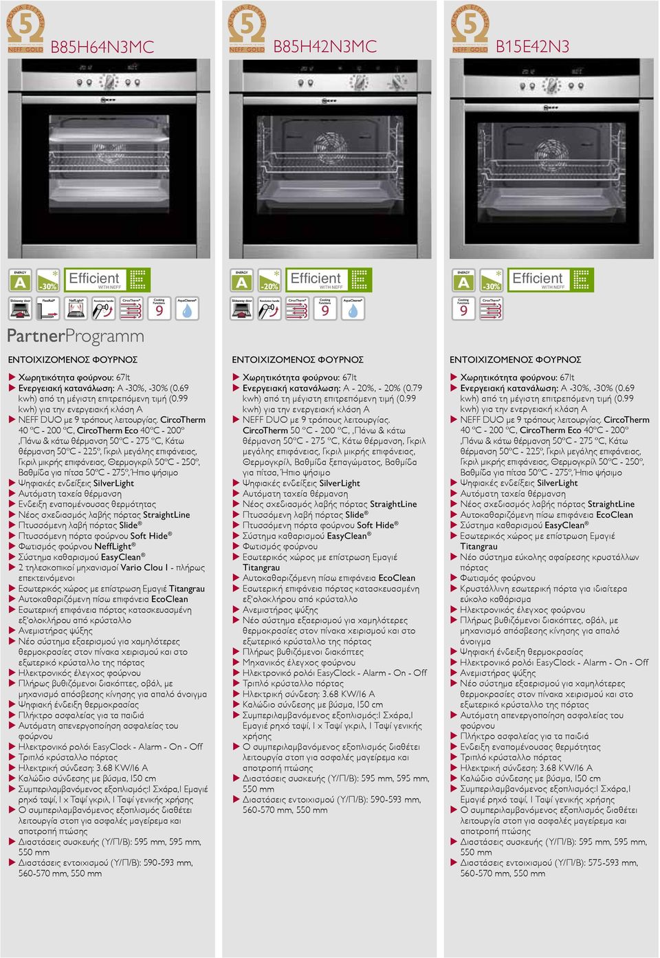 CircoTherm 40 C - 200 C, CircoTherm Eco 40 C - 200,Πάνω & κάτω θέρμανση 50 C - 275 C, Κάτω θέρμανση 50 C - 225, Γκριλ μεγάλης επιφάνειας, Γκριλ μικρής επιφάνειας, Θερμογκρίλ 50 C - 250, Βαθμίδα για