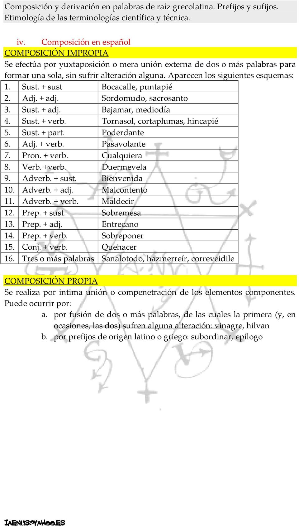 Poderdante 6. Adj. + verb. Pasavolante 7. Pron. + verb. Cualquiera 8. Verb. +verb. Duermevela 9. Adverb. + sust. Bienvenida 10. Adverb. + adj. Malcontento 11. Adverb. + verb. Maldecir 12. Prep.