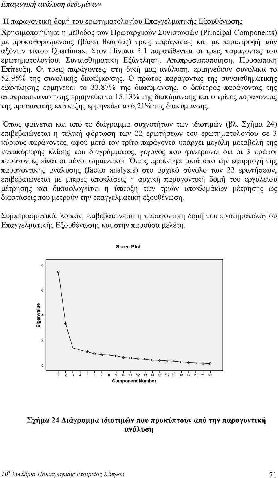 1 παρατίθενται οι τρεις παράγοντες του ερωτηματολογίου: Συναισθηματική Εξάντληση, Αποπροσωποποίηση, Προσωπική Επίτευξη.