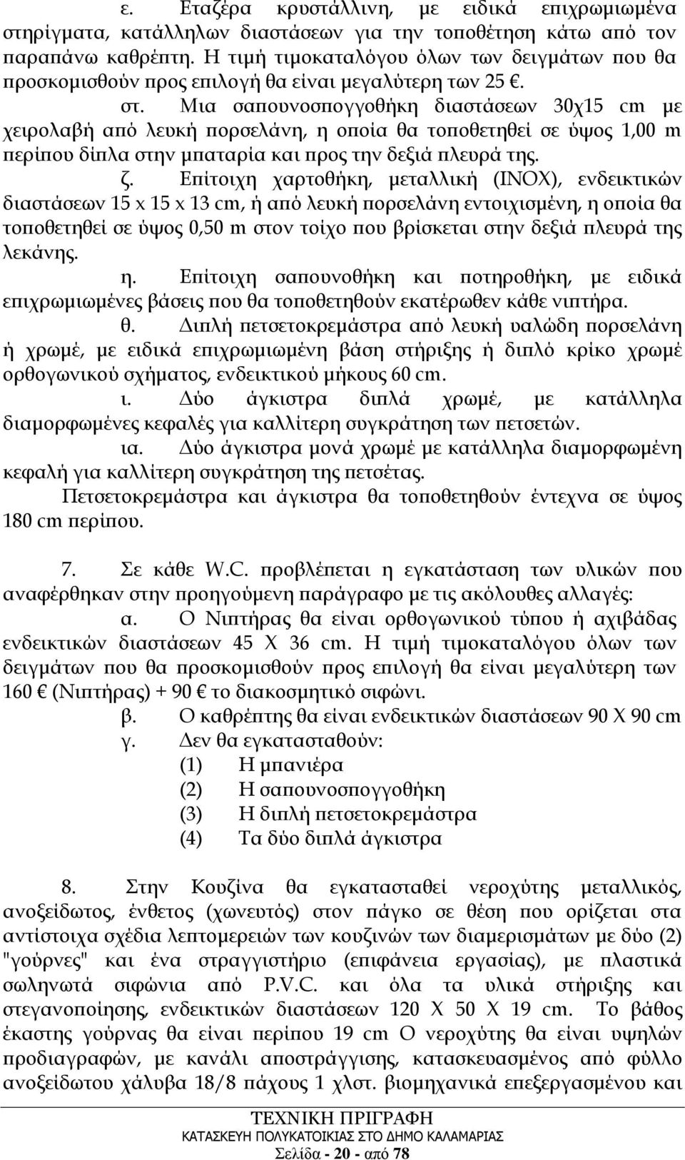 Μια σαπουνοσπογγοθήκη διαστάσεων 30χ15 cm με χειρολαβή από λευκή πορσελάνη, η οποία θα τοποθετηθεί σε ύψος 1,00 m περίπου δίπλα στην μπαταρία και προς την δεξιά πλευρά της. ζ.