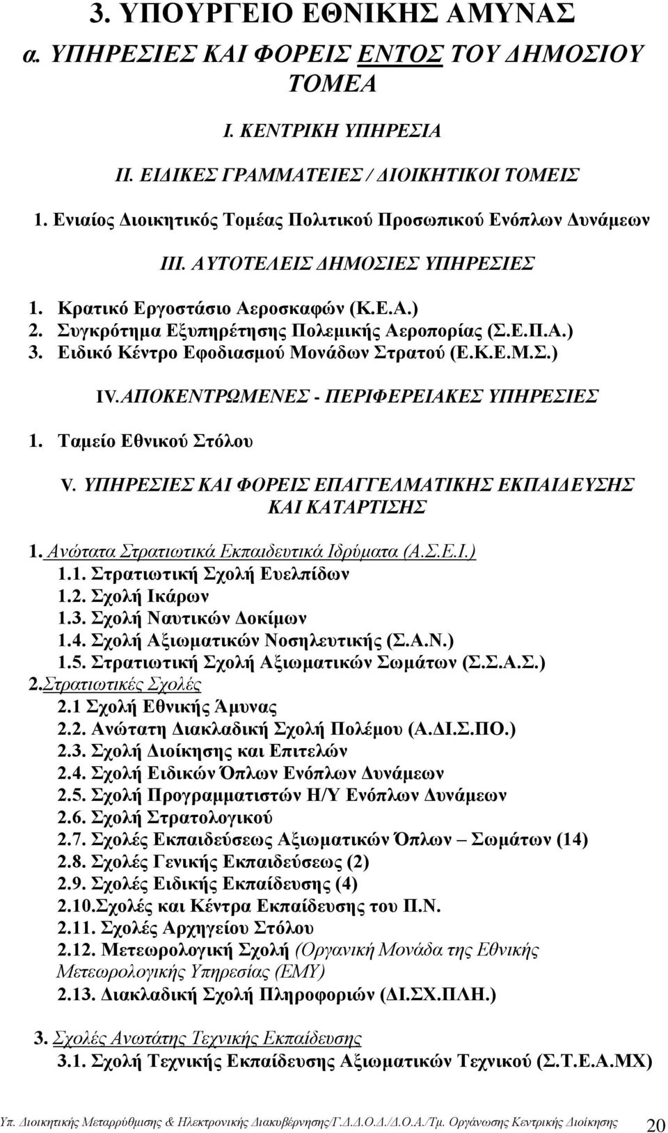 Ειδικό Κέντρο Εφοδιασμού Μονάδων Στρατού (Ε.Κ.Ε.Μ.Σ.) IV.ΑΠΟΚΕΝΤΡΩΜΕΝΕΣ - ΠΕΡΙΦΕΡΕΙΑΚΕΣ ΥΠΗΡΕΣΙΕΣ 1. Ταμείο Εθνικού Στόλου V. ΥΠΗΡΕΣΙΕΣ ΚΑΙ ΦΟΡΕΙΣ ΕΠΑΓΓΕΛΜΑΤΙΚΗΣ ΕΚΠΑΙΔΕΥΣΗΣ ΚΑΙ ΚΑΤΑΡΤΙΣΗΣ 1.