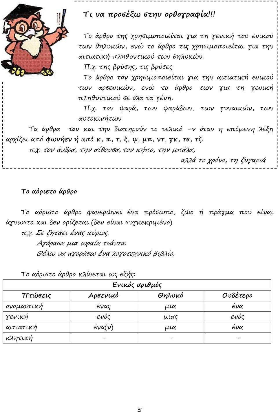 την αίθουσα, τον κήπο, την μπάλα, αλλά το χρόνο, τη ζυγαριά Το αόριστο άρθρο Το αόριστο άρθρο φανερώνει ένα πρόσωπο, ζώο ή πράγμα που είναι άγνωστο και δεν ορίζεται (δεν είναι συγκεκριμένο) π.χ. Σε ζητάει ένας κύριος.