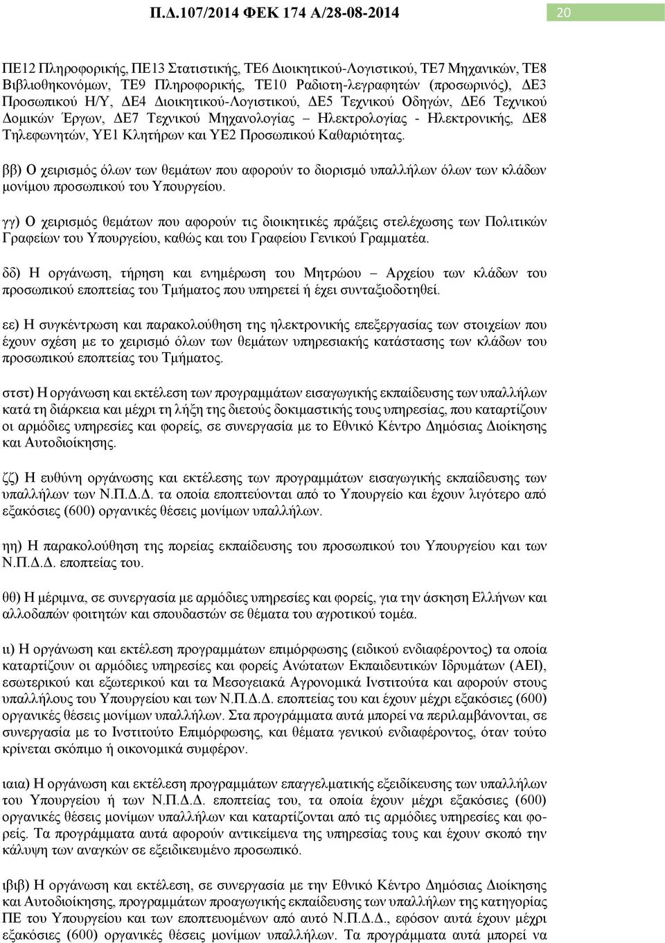 ββ) Ο χειρισμός όλων των θεμάτων που αφορούν το διορισμό υπαλλήλων όλων των κλάδων μονίμου προσωπικού του Υπουργείου.