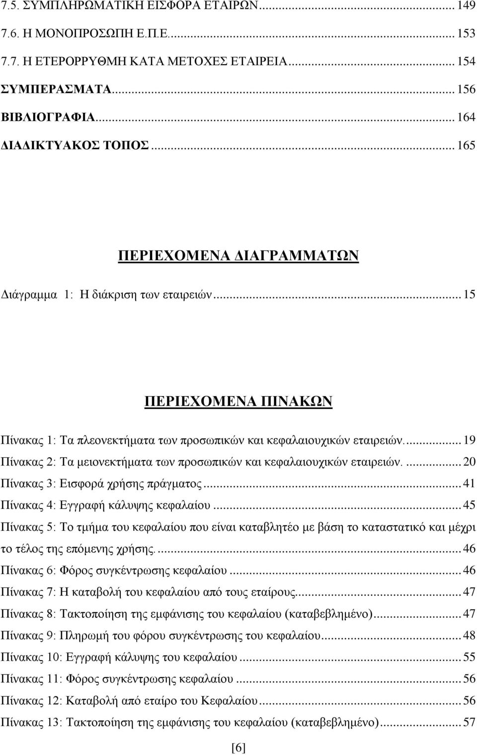 ... 19 Πίνακας 2: Τα μειονεκτήματα των προσωπικών και κεφαλαιουχικών εταιρειών.... 20 Πίνακας 3: Εισφορά χρήσης πράγματος... 41 Πίνακας 4: Εγγραφή κάλυψης κεφαλαίου.