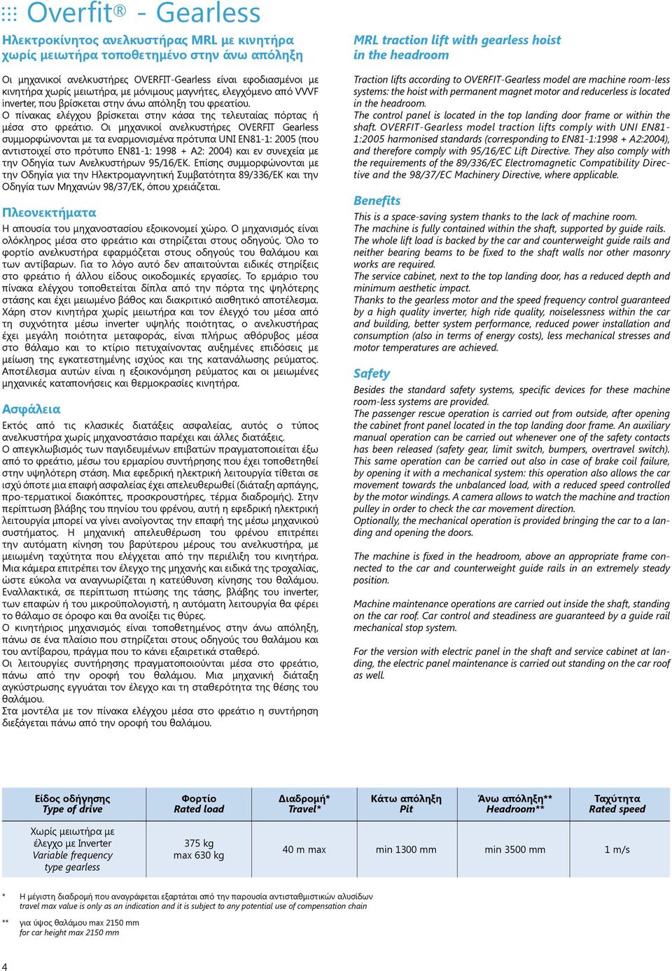 Οι μηχανικοί ανελκυστήρες OVERFIT Gearless συμμορφώνονται με τα εναρμονισμένα πρότυπα UNI EN81-1: 2005 (που αντιστοιχεί στο πρότυπο EN81-1: 1998 + A2: 2004) και εν συνεχεία με την Οδηγία των