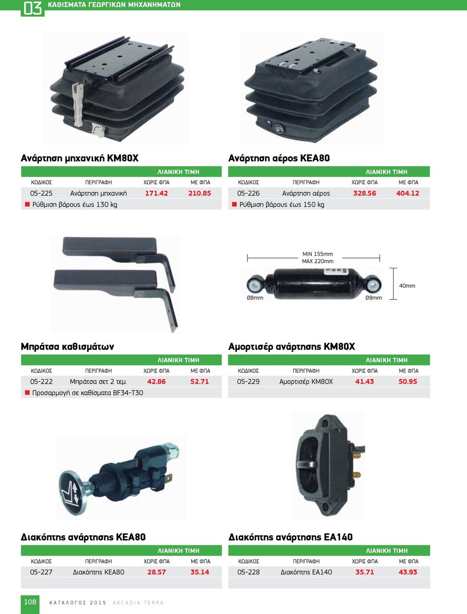 12 Ρύθμιση βάρους έως 150 kg ΜΙΝ 155mm MAX 220mm 40mm Ø8mm Ø8mm Μπράτσα καθισμάτων 05-222 Μπράτσα σετ 2 τεμ. 42.86 52.