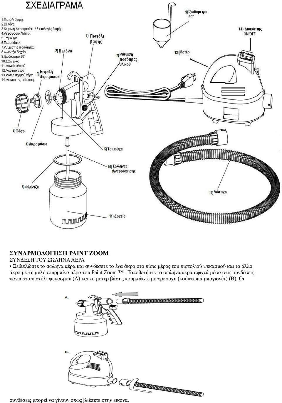 Τοποθετήστε το σωλήνα αέρα σφιχτά μέσα στις συνδέσεις πάνω στο πιστόλι ψεκασμού (Α) και το μοτέρ